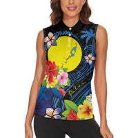 Palau Independence Day Women Sleeveless Polo Shirt Melanesian Tattoo with Hibiscus