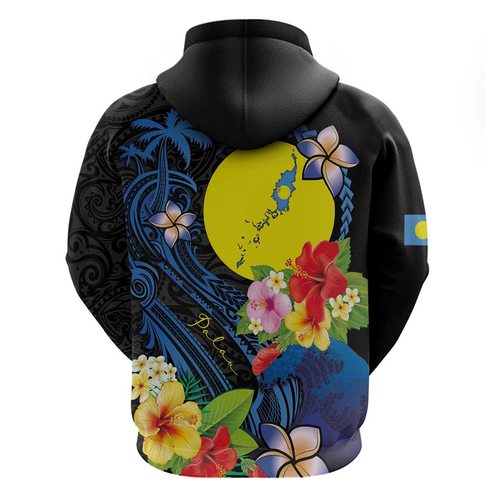 Palau Independence Day Zip Hoodie Melanesian Tattoo with Hibiscus