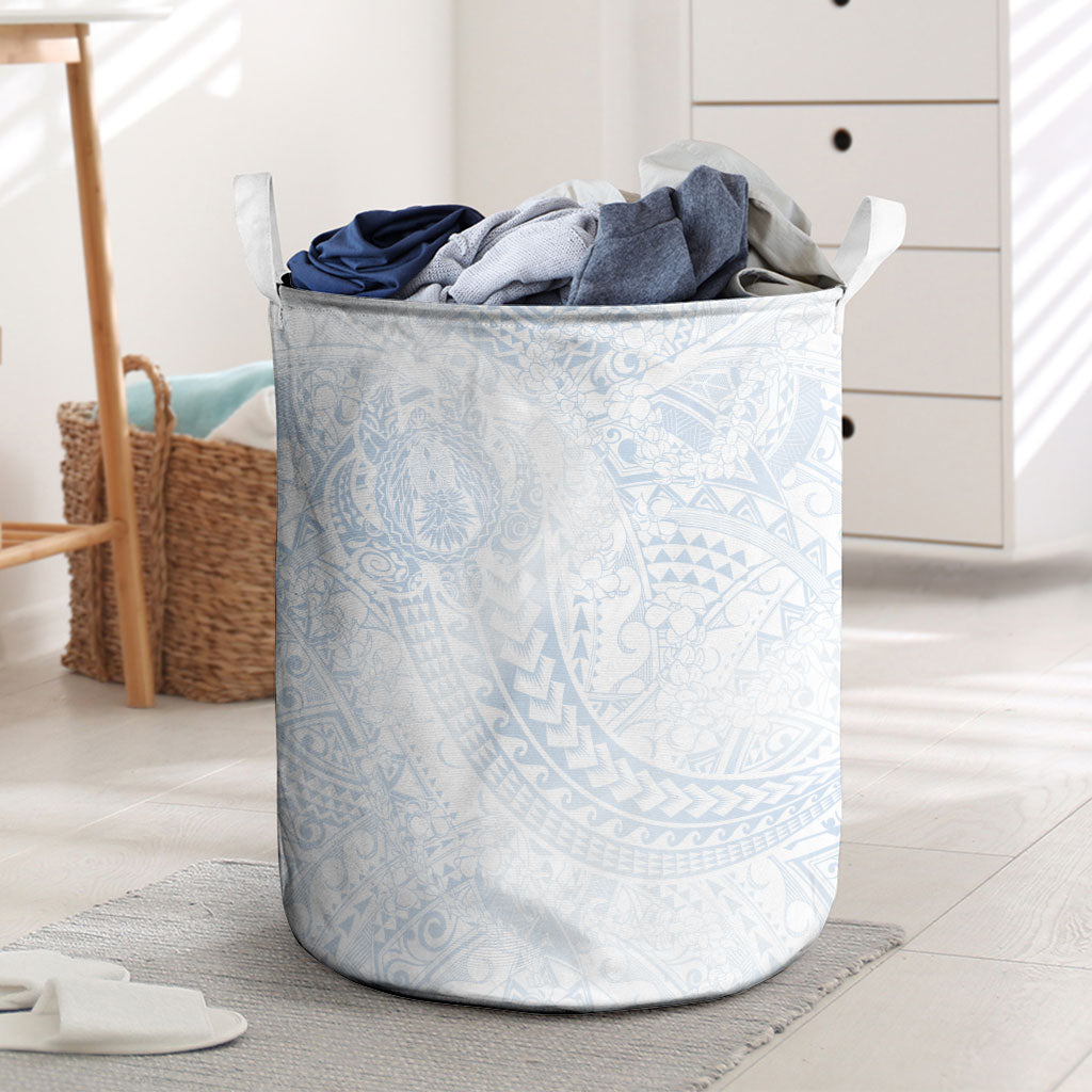 Hawaiian Turtles and Leis Laundry Basket Tribal Kakau Pattern Airy White Blue Cloud Vibe