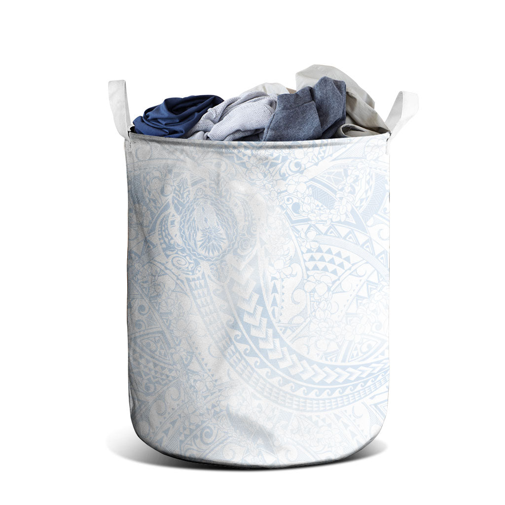 Hawaiian Turtles and Leis Laundry Basket Tribal Kakau Pattern Airy White Blue Cloud Vibe