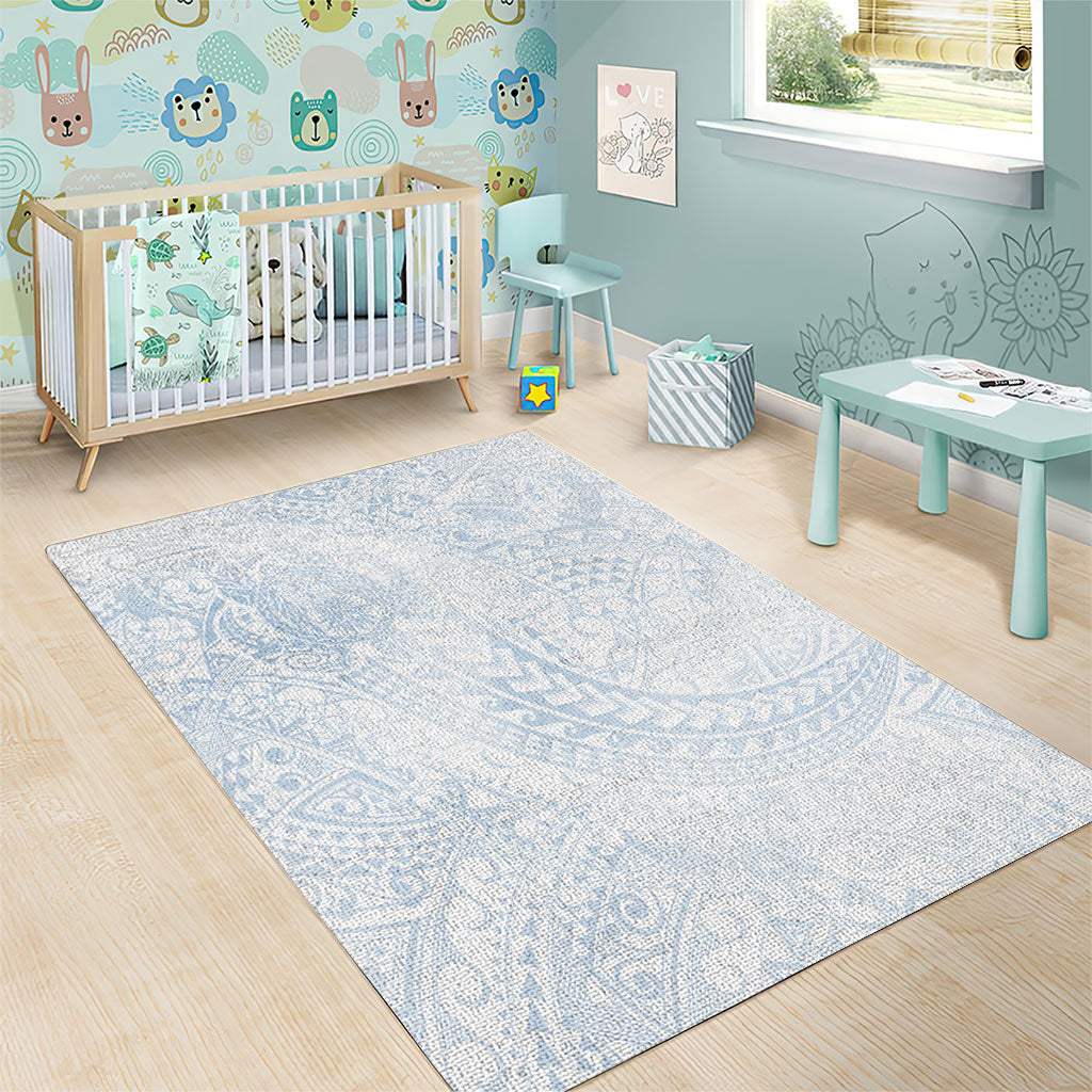 Hawaiian Turtles and Leis Area Rug Tribal Kakau Pattern Airy White Blue Cloud Vibe