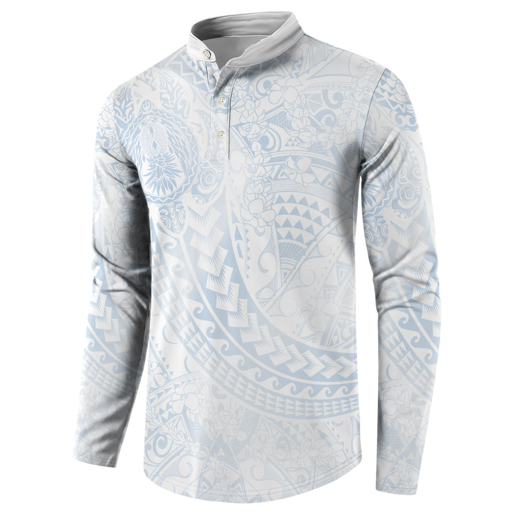 Hawaiian Turtles and Leis Button Sweatshirt Tribal Kakau Pattern Airy White Blue Cloud Vibe