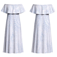 Hawaiian Turtles and Leis Couples Matching Off Shoulder Maxi Dress and Long Sleeve Button Shirt Tribal Kakau Pattern Airy White Blue Cloud Vibe LT03 - Polynesian Pride