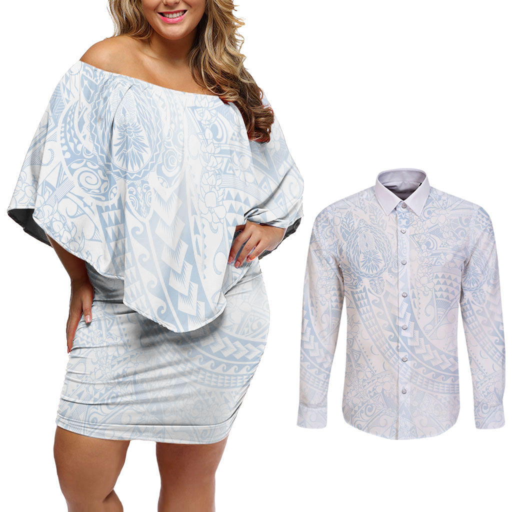 Hawaiian Turtles and Leis Couples Matching Off Shoulder Short Dress and Long Sleeve Button Shirt Tribal Kakau Pattern Airy White Blue Cloud Vibe LT03 White - Polynesian Pride