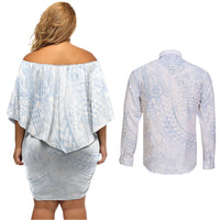 Hawaiian Turtles and Leis Couples Matching Off Shoulder Short Dress and Long Sleeve Button Shirt Tribal Kakau Pattern Airy White Blue Cloud Vibe