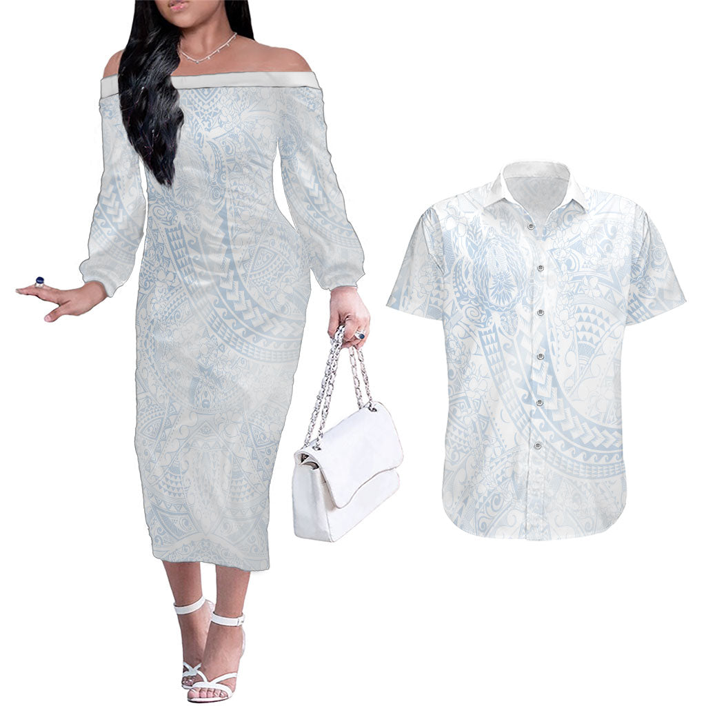 Hawaiian Turtles and Leis Couples Matching Off The Shoulder Long Sleeve Dress and Hawaiian Shirt Tribal Kakau Pattern Airy White Blue Cloud Vibe LT03 White - Polynesian Pride