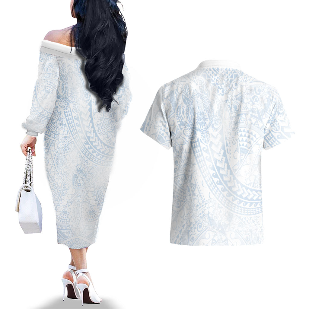 Hawaiian Turtles and Leis Couples Matching Off The Shoulder Long Sleeve Dress and Hawaiian Shirt Tribal Kakau Pattern Airy White Blue Cloud Vibe