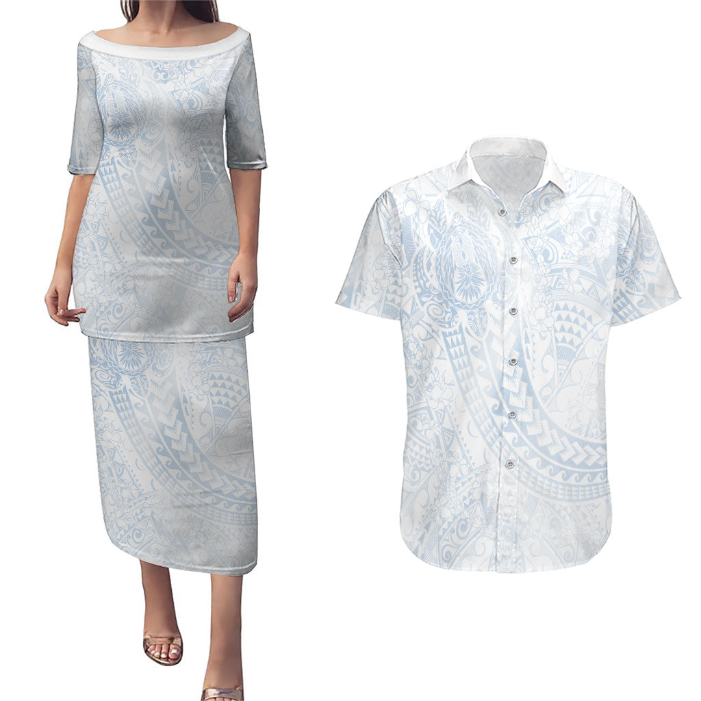 Hawaiian Turtles and Leis Couples Matching Puletasi and Hawaiian Shirt Tribal Kakau Pattern Airy White Blue Cloud Vibe
