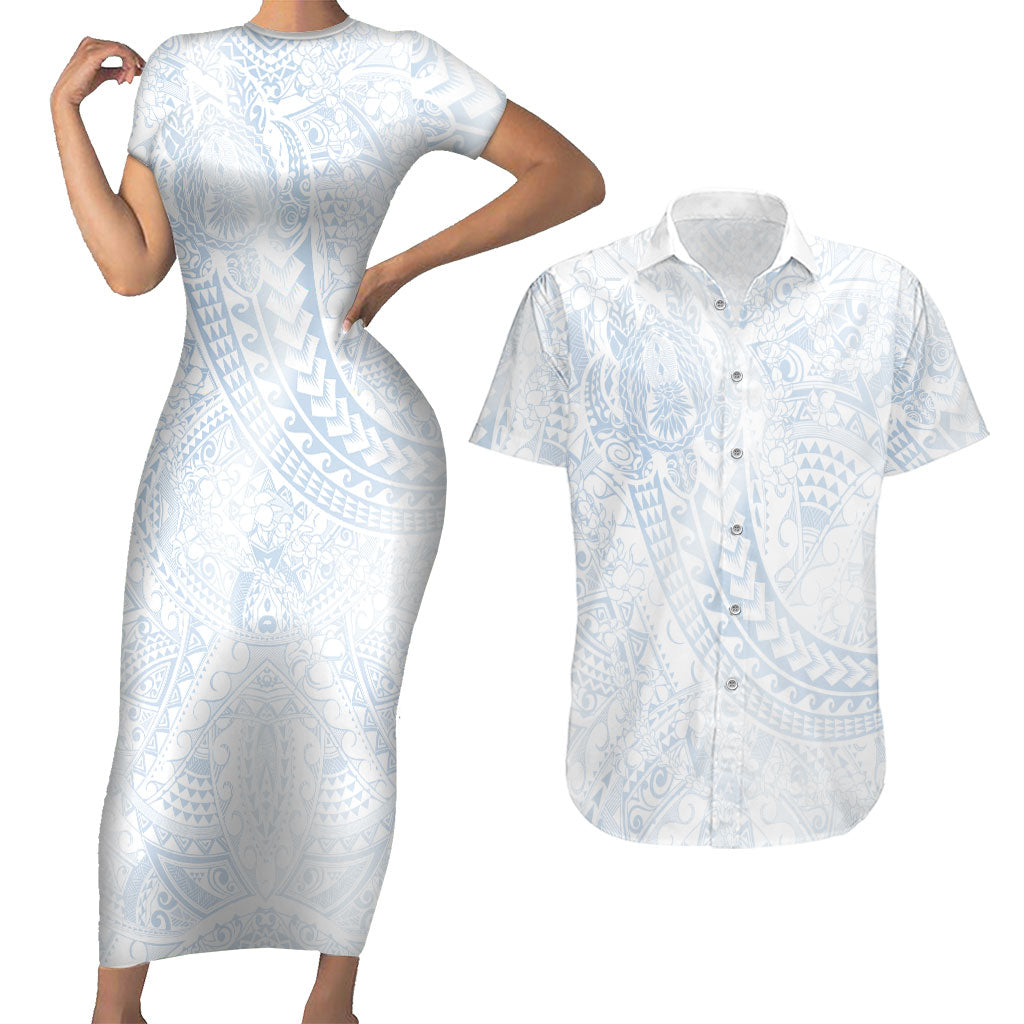 Hawaiian Turtles and Leis Couples Matching Short Sleeve Bodycon Dress and Hawaiian Shirt Tribal Kakau Pattern Airy White Blue Cloud Vibe
