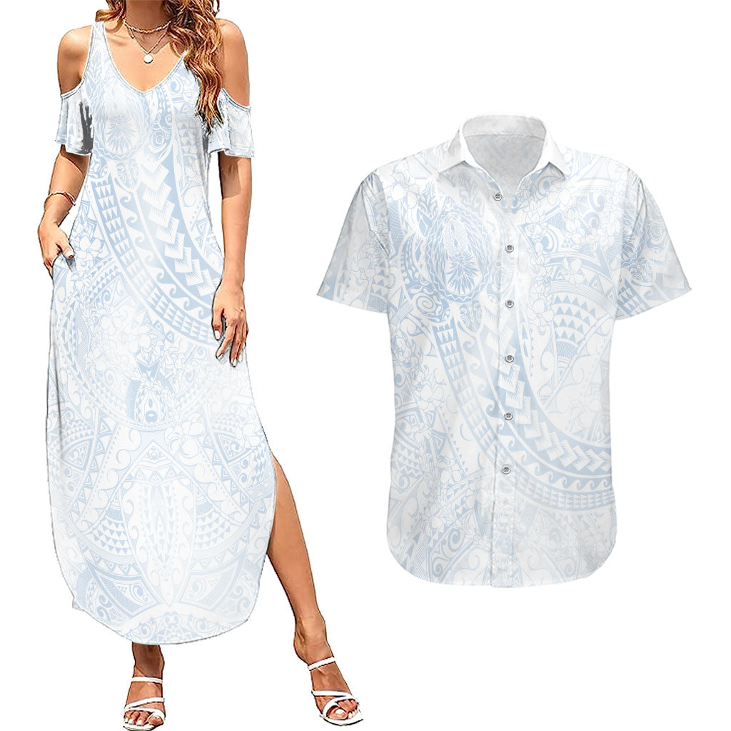 Hawaiian Turtles and Leis Couples Matching Summer Maxi Dress and Hawaiian Shirt Tribal Kakau Pattern Airy White Blue Cloud Vibe