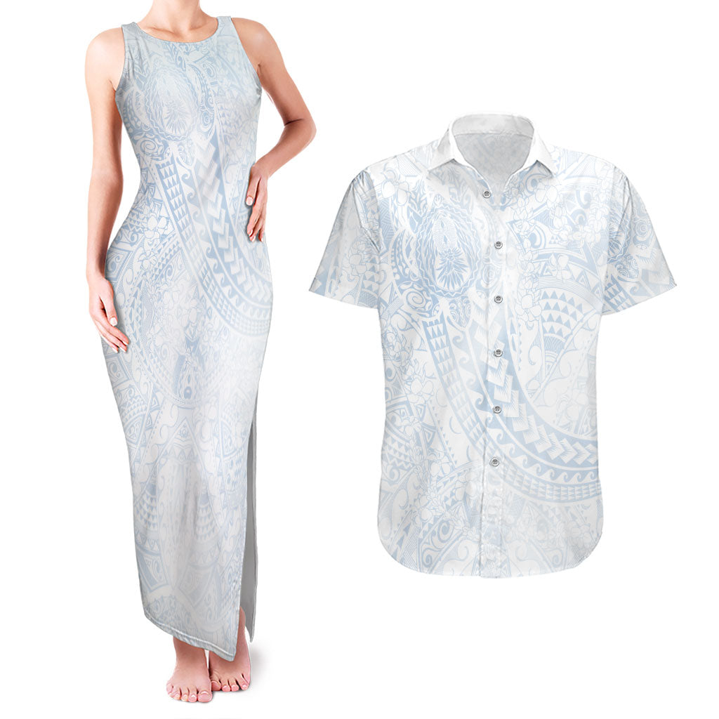 Hawaiian Turtles and Leis Couples Matching Tank Maxi Dress and Hawaiian Shirt Tribal Kakau Pattern Airy White Blue Cloud Vibe