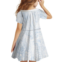 Hawaiian Turtles and Leis Family Matching Off Shoulder Short Dress and Hawaiian Shirt Tribal Kakau Pattern Airy White Blue Cloud Vibe