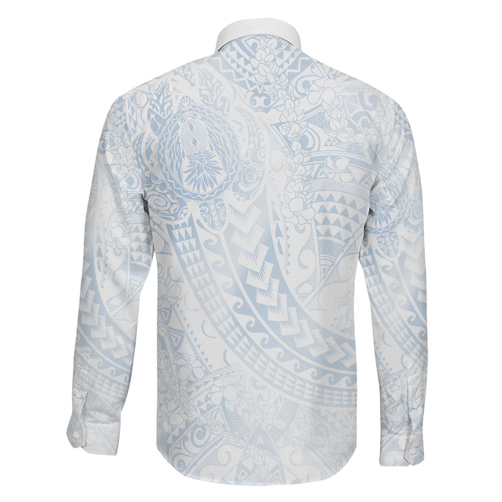 Hawaiian Turtles and Leis Family Matching Off Shoulder Short Dress and Hawaiian Shirt Tribal Kakau Pattern Airy White Blue Cloud Vibe
