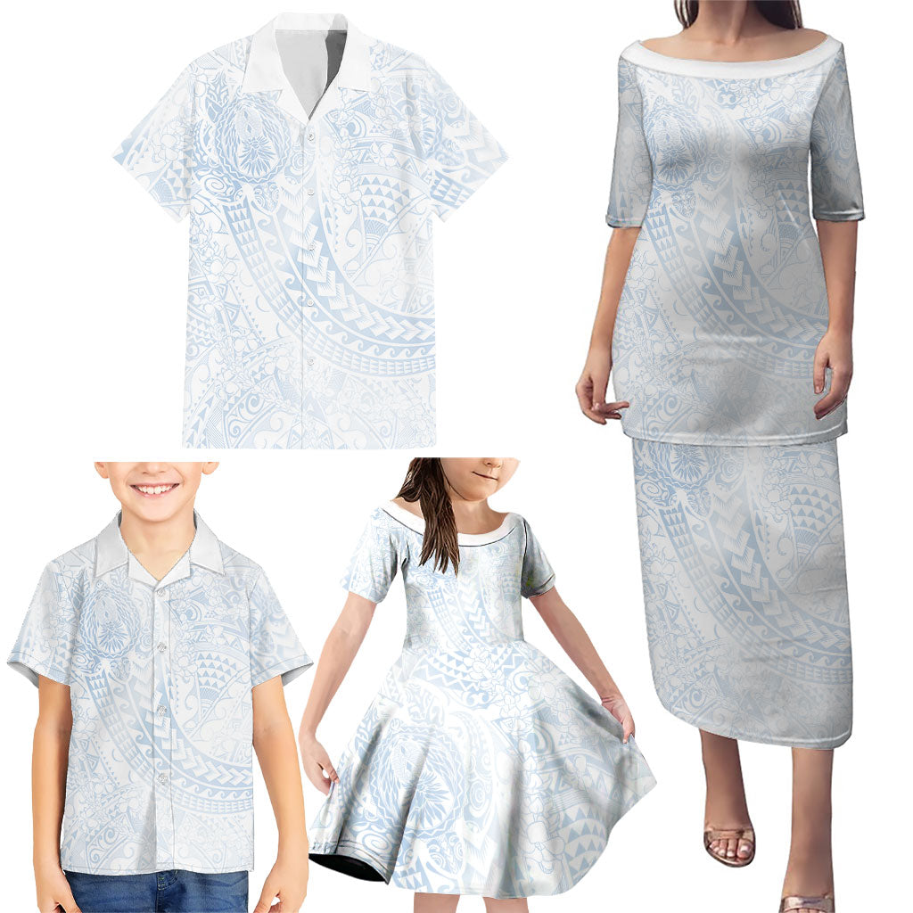 Hawaiian Turtles and Leis Family Matching Puletasi and Hawaiian Shirt Tribal Kakau Pattern Airy White Blue Cloud Vibe LT03 - Polynesian Pride