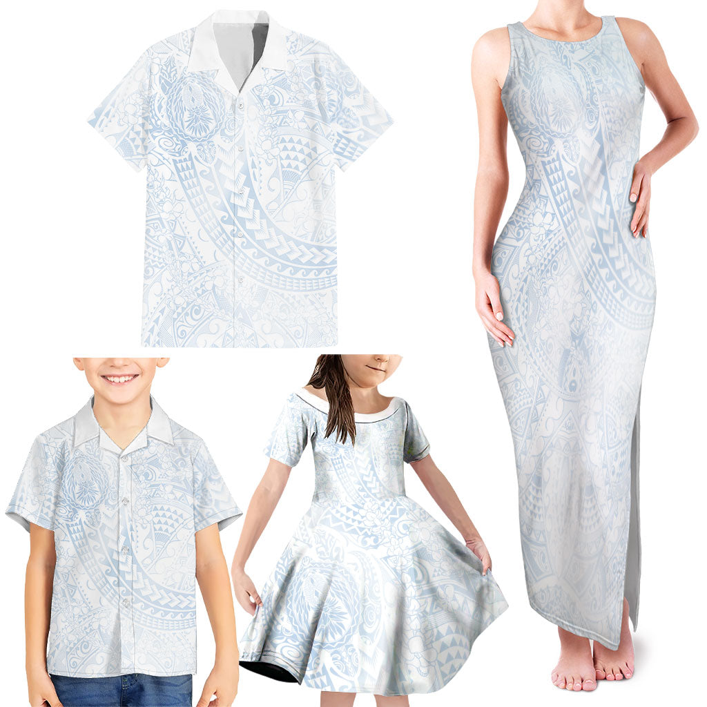 Hawaiian Turtles and Leis Family Matching Tank Maxi Dress and Hawaiian Shirt Tribal Kakau Pattern Airy White Blue Cloud Vibe