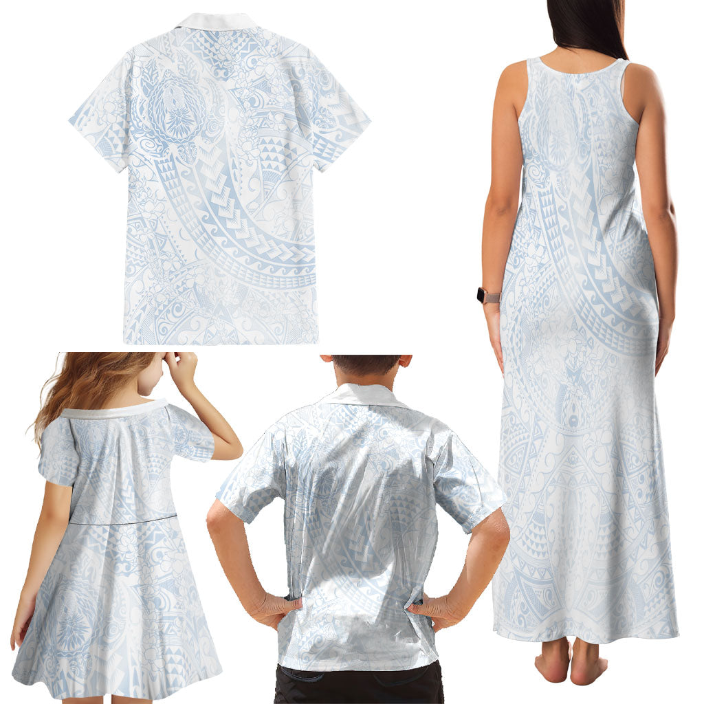 Hawaiian Turtles and Leis Family Matching Tank Maxi Dress and Hawaiian Shirt Tribal Kakau Pattern Airy White Blue Cloud Vibe