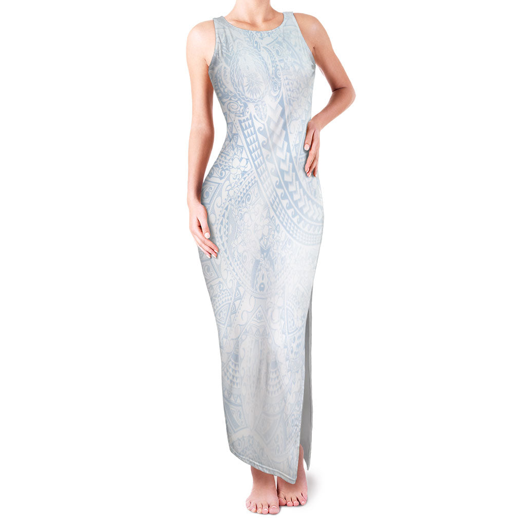 Hawaiian Turtles and Leis Family Matching Tank Maxi Dress and Hawaiian Shirt Tribal Kakau Pattern Airy White Blue Cloud Vibe