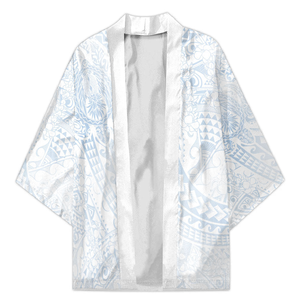 Hawaiian Turtles and Leis Kimono Tribal Kakau Pattern Airy White Blue Cloud Vibe