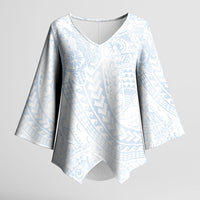 Hawaiian Turtles and Leis Kimono Sleeve Blouse Tribal Kakau Pattern Airy White Blue Cloud Vibe