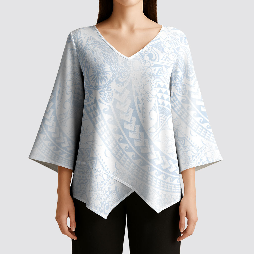 Hawaiian Turtles and Leis Kimono Sleeve Blouse Tribal Kakau Pattern Airy White Blue Cloud Vibe
