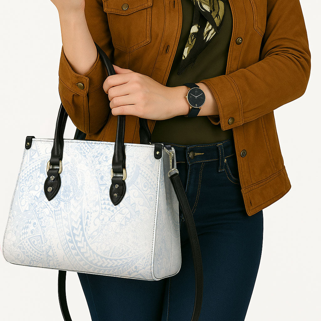 Hawaiian Turtles and Leis Leather Bag Tribal Kakau Pattern Airy White Blue Cloud Vibe