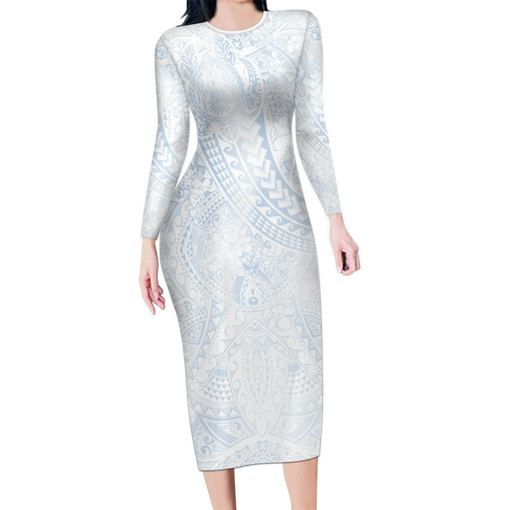 Hawaiian Turtles and Leis Long Sleeve Bodycon Dress Tribal Kakau Pattern Airy White Blue Cloud Vibe