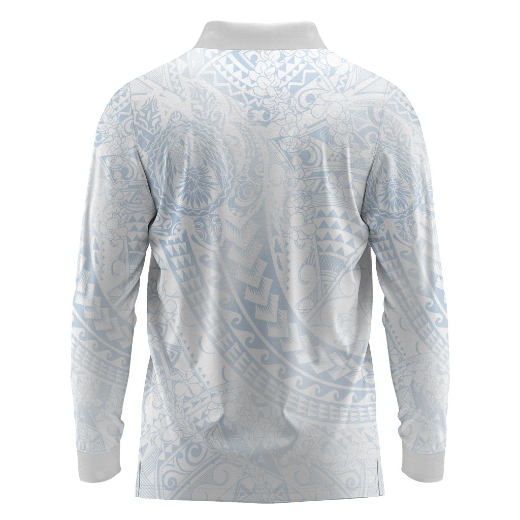 Hawaiian Turtles and Leis Long Sleeve Polo Shirt Tribal Kakau Pattern Airy White Blue Cloud Vibe