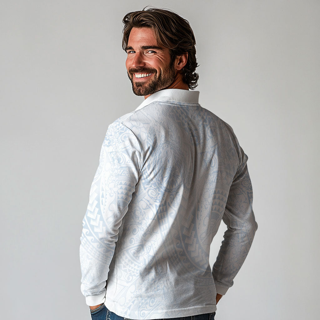 Hawaiian Turtles and Leis Long Sleeve Polo Shirt Tribal Kakau Pattern Airy White Blue Cloud Vibe