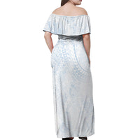 Hawaiian Turtles and Leis Off Shoulder Maxi Dress Tribal Kakau Pattern Airy White Blue Cloud Vibe