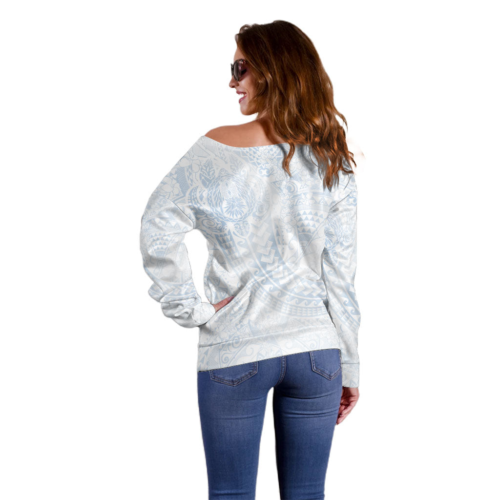 Hawaiian Turtles and Leis Off Shoulder Sweater Tribal Kakau Pattern Airy White Blue Cloud Vibe