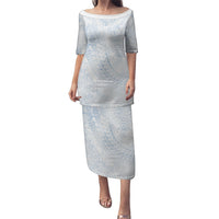 Hawaiian Turtles and Leis Puletasi Tribal Kakau Pattern Airy White Blue Cloud Vibe