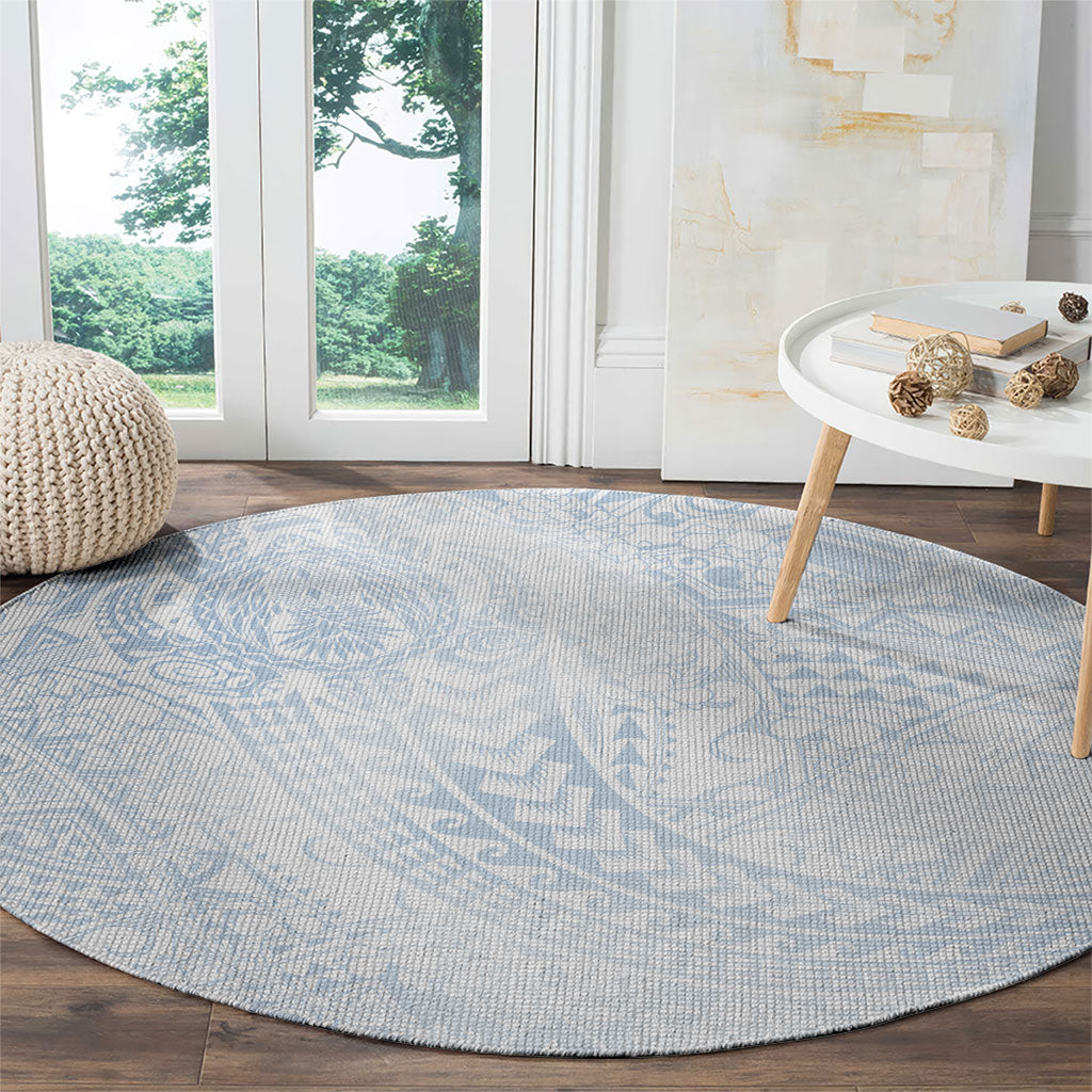 Hawaiian Turtles and Leis Round Carpet Tribal Kakau Pattern Airy White Blue Cloud Vibe