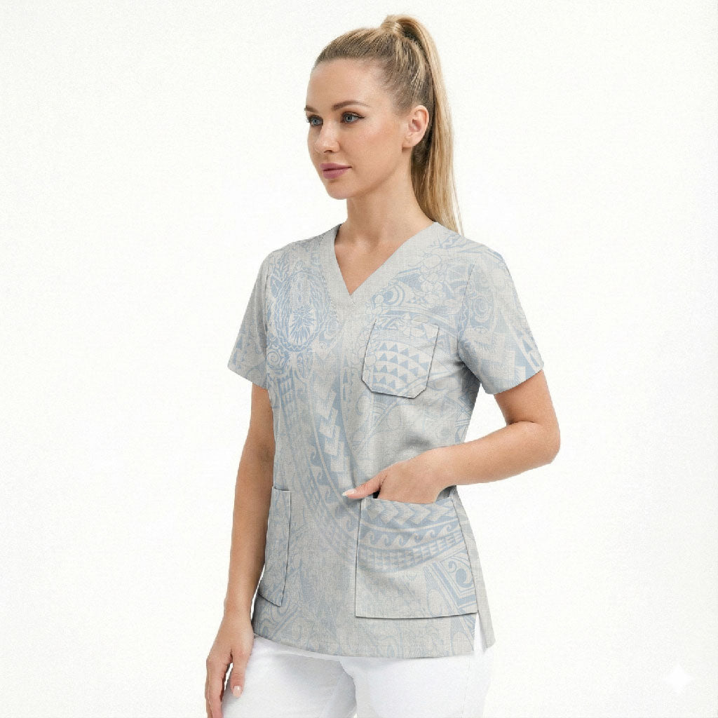 Hawaiian Turtles and Leis Scrub Top Tribal Kakau Pattern Airy White Blue Cloud Vibe