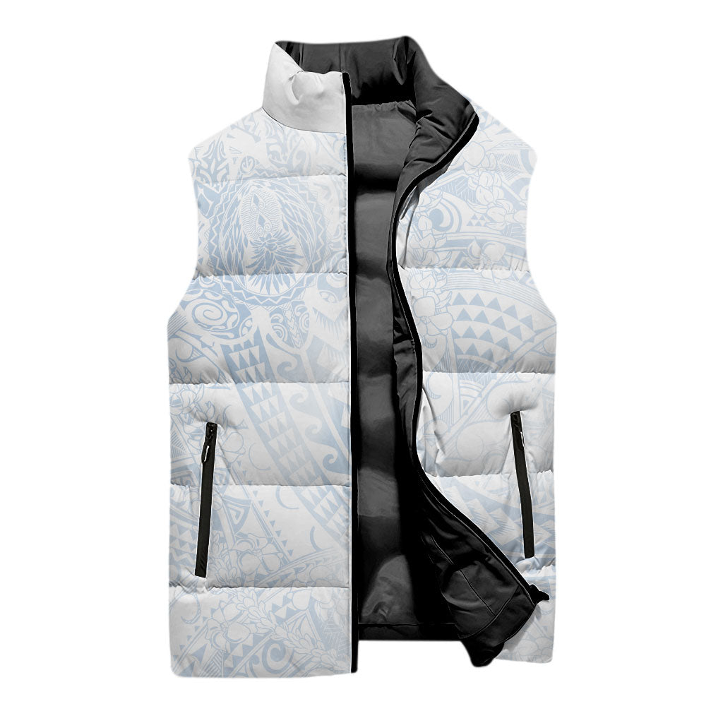 Hawaiian Turtles and Leis Sleeveless Puffer Jacket Tribal Kakau Pattern Airy White Blue Cloud Vibe