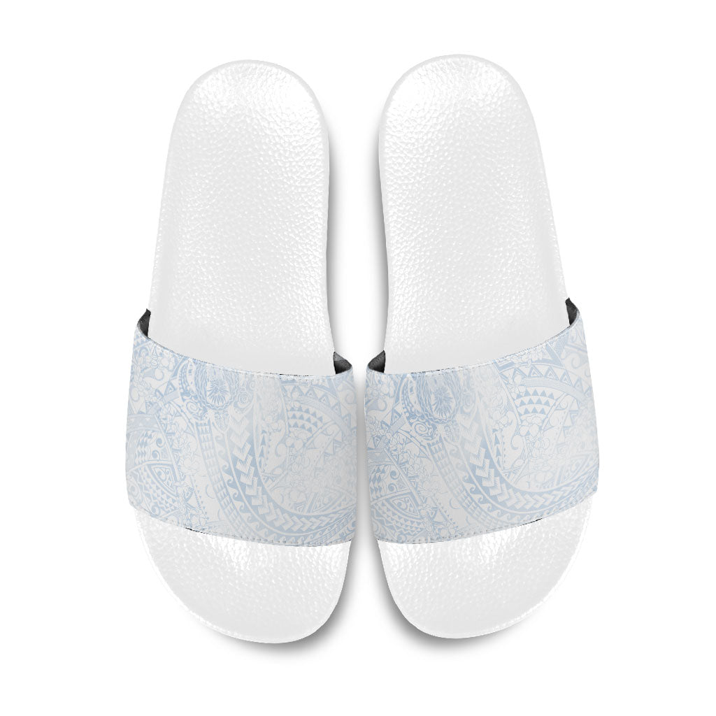 Hawaiian Turtles and Leis Slide Sandals Tribal Kakau Pattern Airy White Blue Cloud Vibe