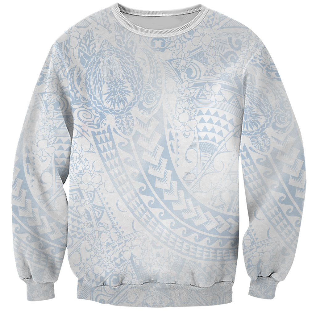 Hawaiian Turtles and Leis Sweatshirt Tribal Kakau Pattern Airy White Blue Cloud Vibe