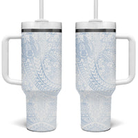Hawaiian Turtles and Leis Tumbler With Handle Tribal Kakau Pattern Airy White Blue Cloud Vibe