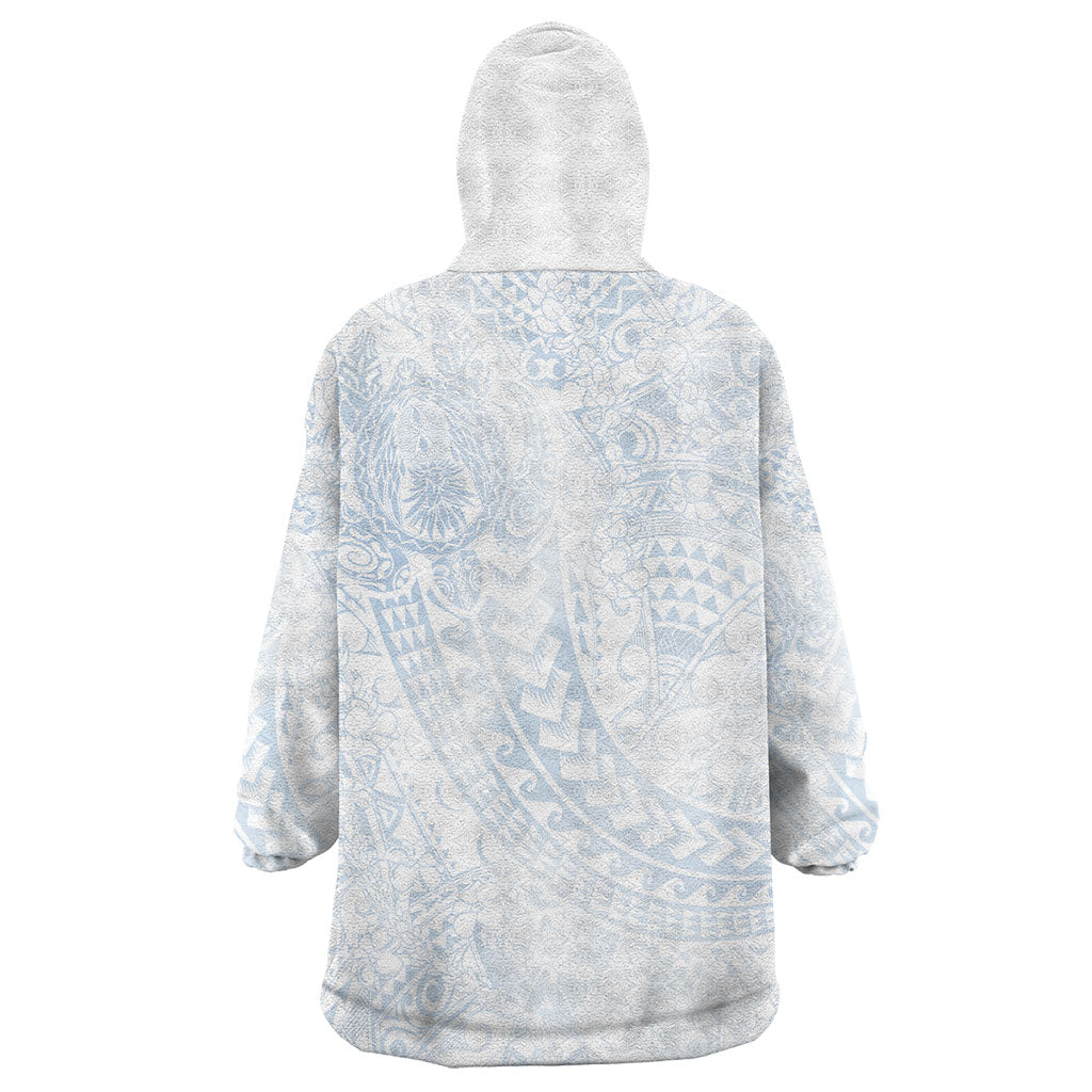 Hawaiian Turtles and Leis Wearable Blanket Hoodie Tribal Kakau Pattern Airy White Blue Cloud Vibe