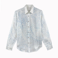 Hawaiian Turtles and Leis Women Casual Shirt Tribal Kakau Pattern Airy White Blue Cloud Vibe LT03 - Polynesian Pride
