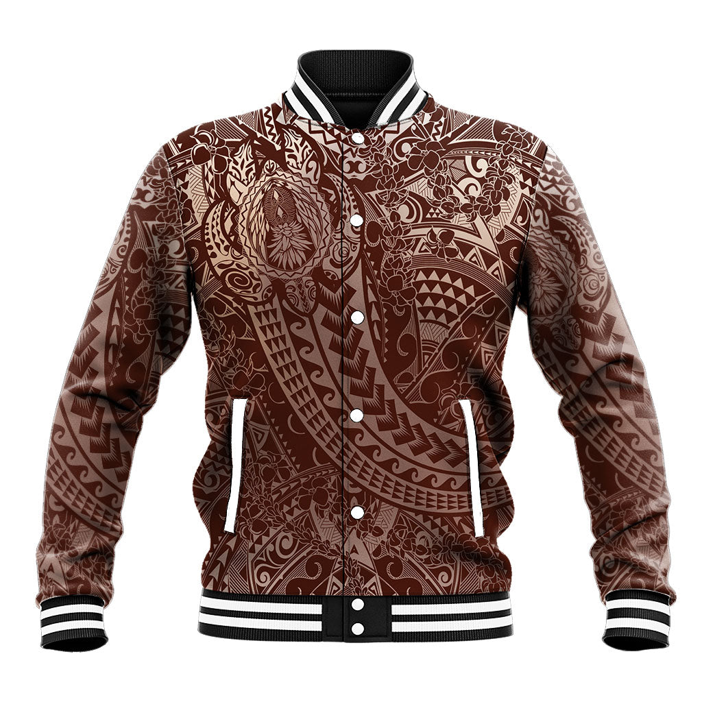 Hawaiian Turtles and Leis Baseball Jacket Tribal Kakau Pattern Mocha Mousse Color