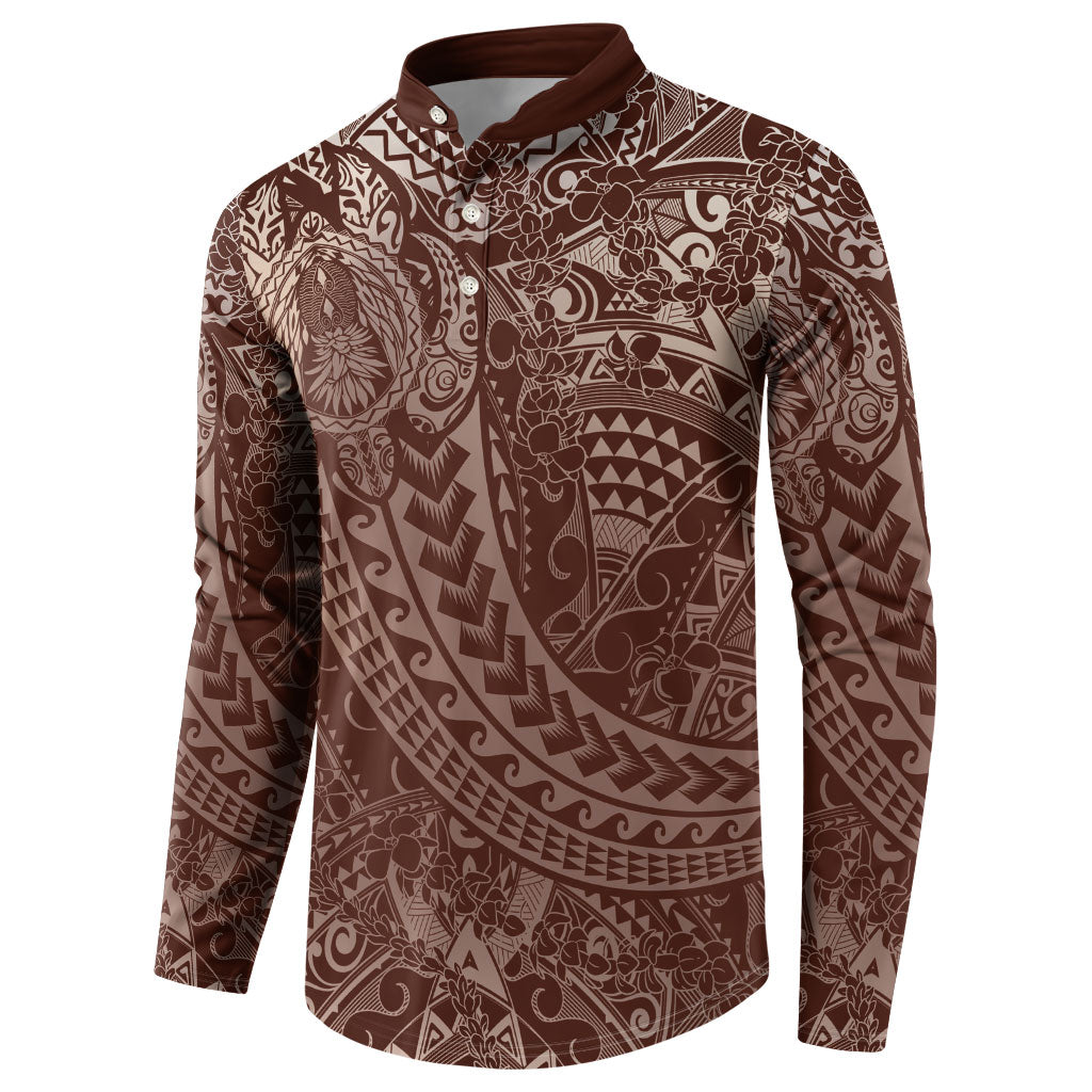Hawaiian Turtles and Leis Button Sweatshirt Tribal Kakau Pattern Mocha Mousse Color