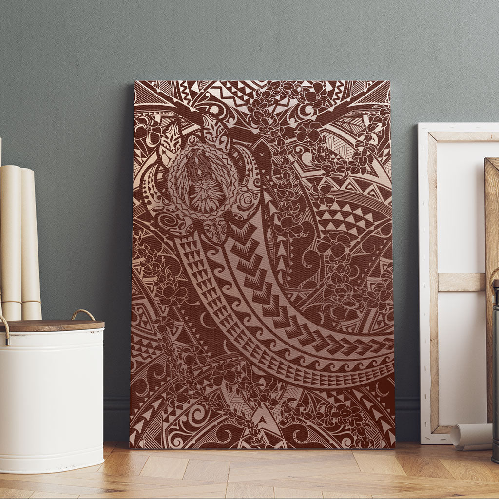 Hawaiian Turtles and Leis Canvas Wall Art Tribal Kakau Pattern Mocha Mousse Color