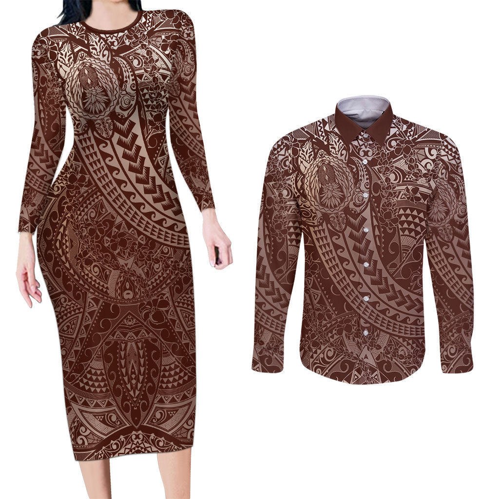 Hawaiian Turtles and Leis Couples Matching Long Sleeve Bodycon Dress and Long Sleeve Button Shirt Tribal Kakau Pattern Mocha Mousse Color LT03 Mocha Mousse - Polynesian Pride