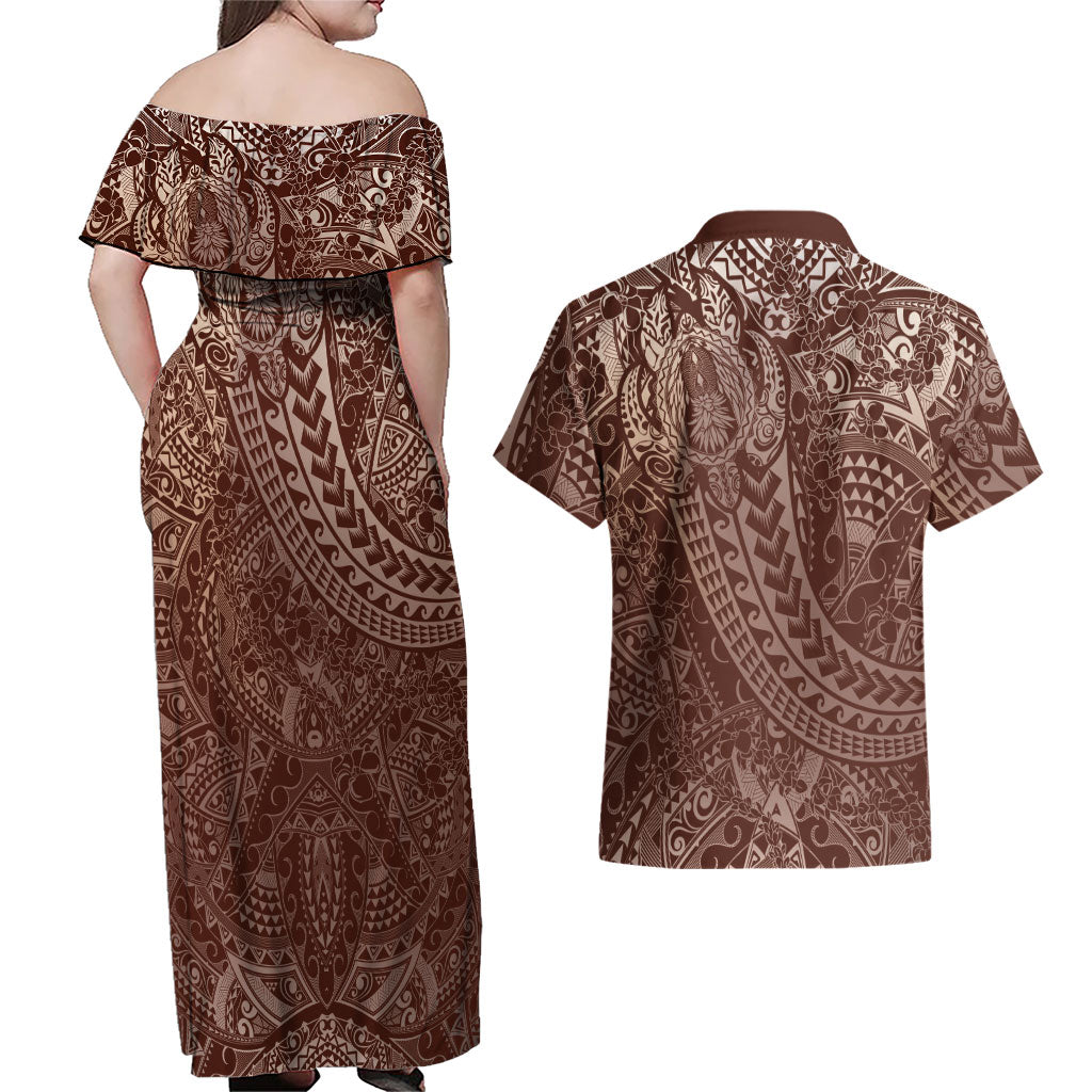 Hawaiian Turtles and Leis Couples Matching Off Shoulder Maxi Dress and Hawaiian Shirt Tribal Kakau Pattern Mocha Mousse Color