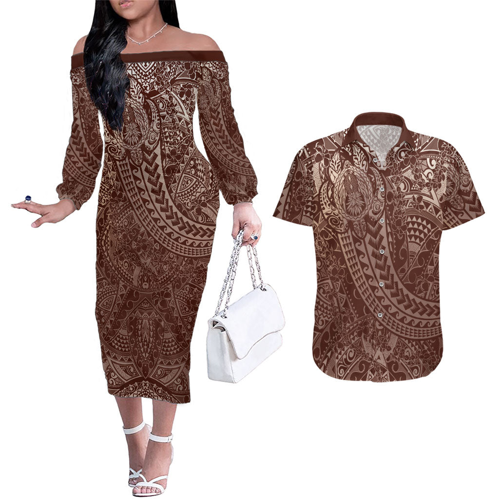 Hawaiian Turtles and Leis Couples Matching Off The Shoulder Long Sleeve Dress and Hawaiian Shirt Tribal Kakau Pattern Mocha Mousse Color