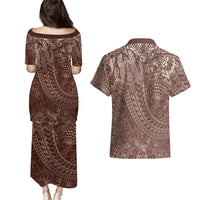 Hawaiian Turtles and Leis Couples Matching Puletasi and Hawaiian Shirt Tribal Kakau Pattern Mocha Mousse Color