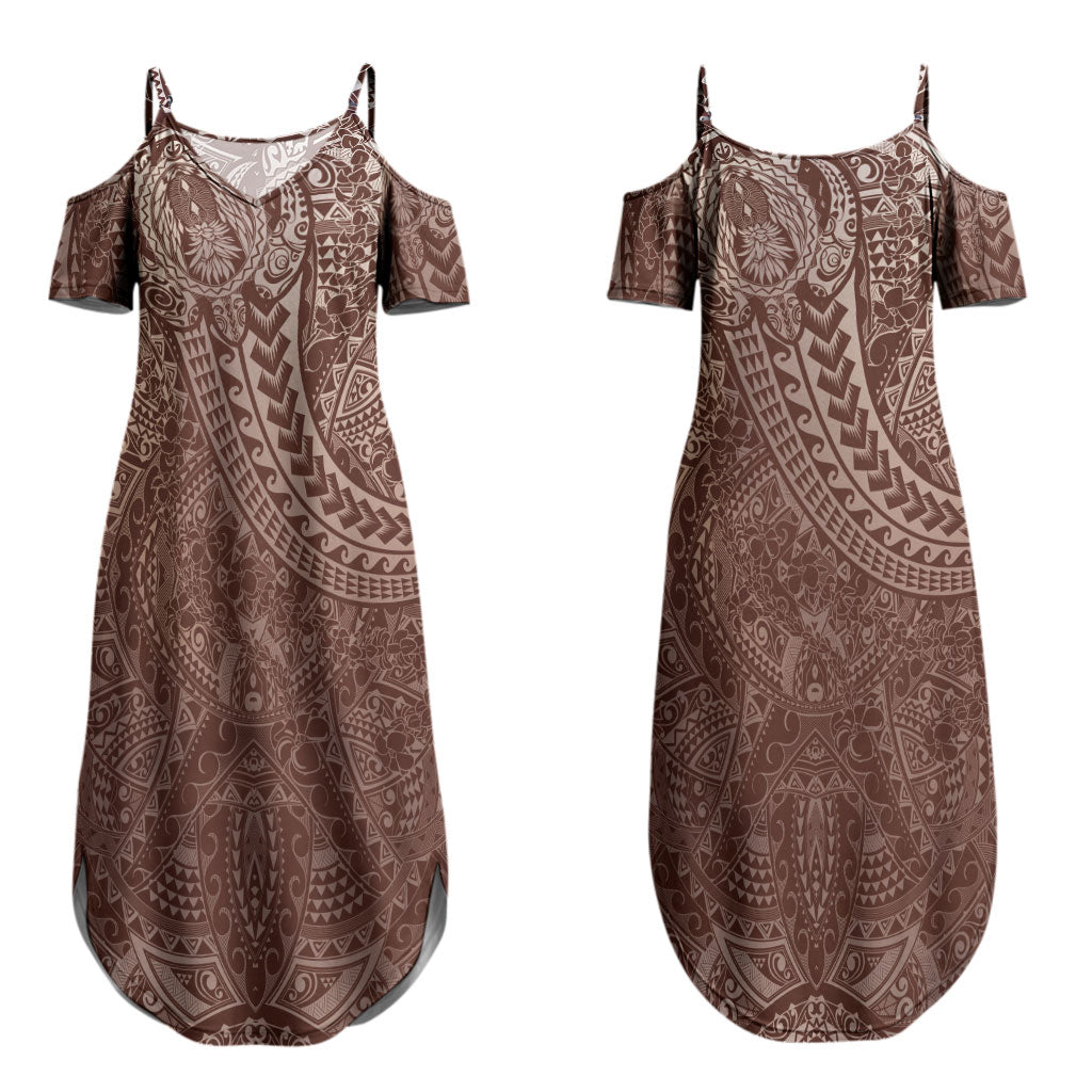 Hawaiian Turtles and Leis Couples Matching Summer Maxi Dress and Hawaiian Shirt Tribal Kakau Pattern Mocha Mousse Color LT03 - Polynesian Pride