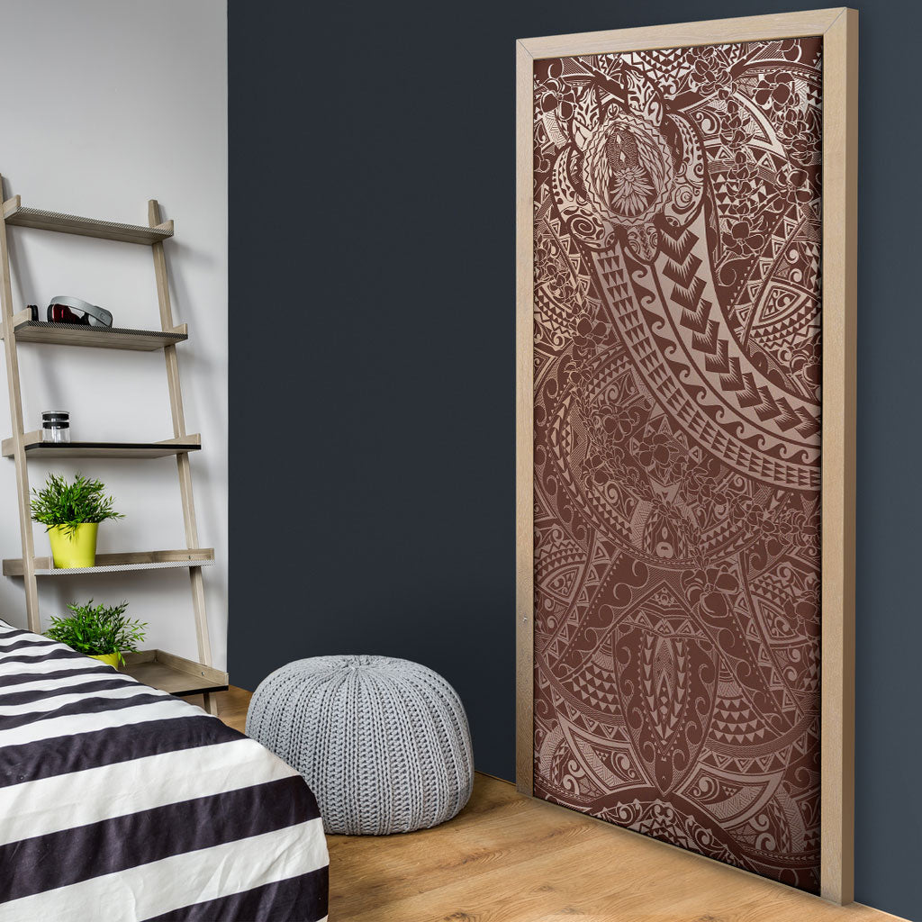 Hawaiian Turtles and Leis Door Cover Tribal Kakau Pattern Mocha Mousse Color