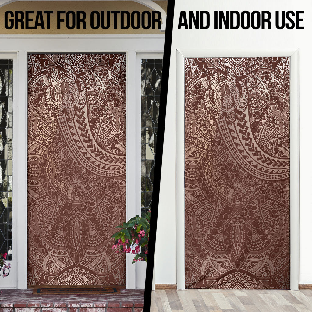 Hawaiian Turtles and Leis Door Cover Tribal Kakau Pattern Mocha Mousse Color
