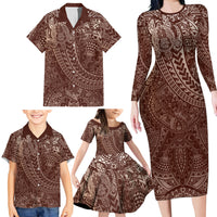 Hawaiian Turtles and Leis Family Matching Long Sleeve Bodycon Dress and Hawaiian Shirt Tribal Kakau Pattern Mocha Mousse Color